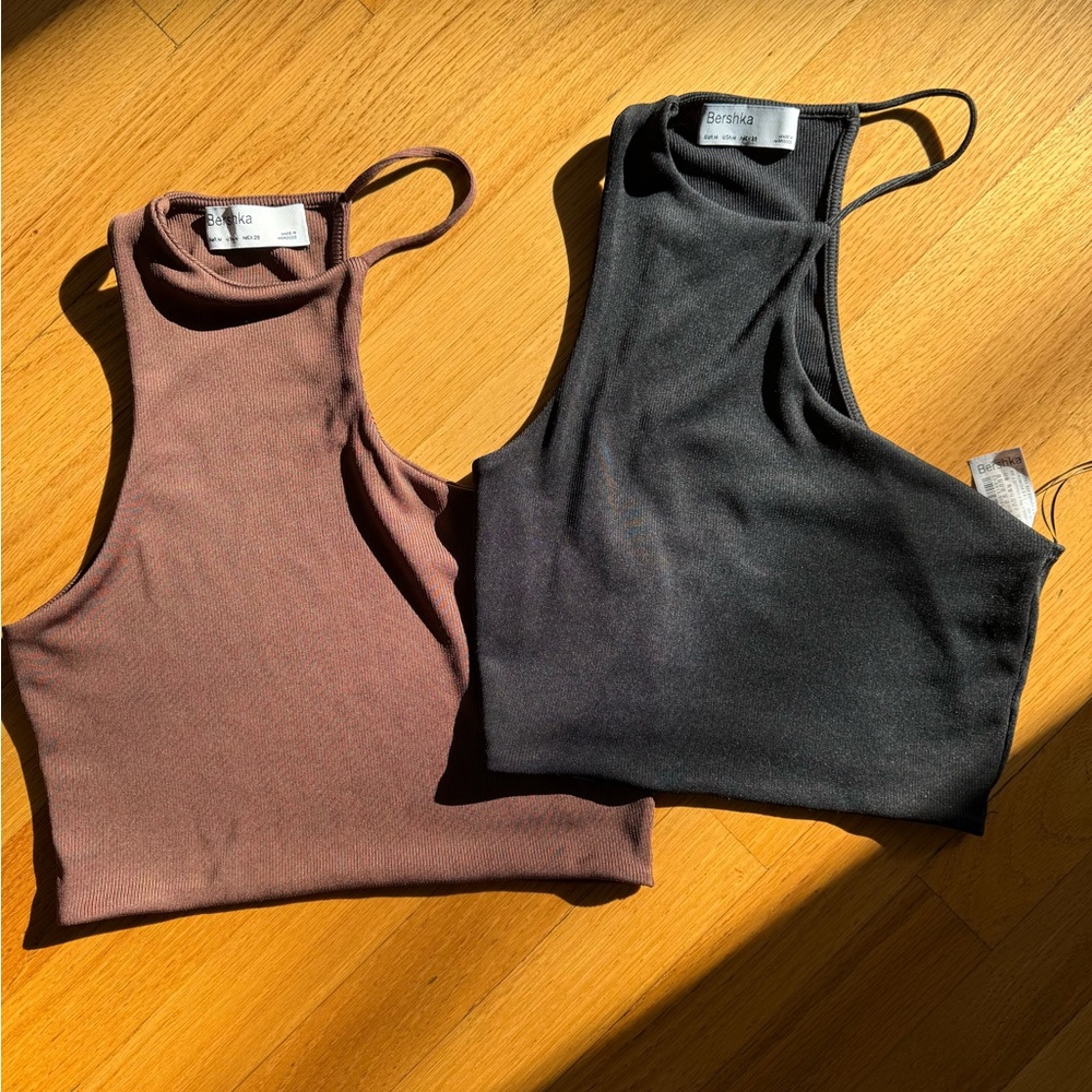 Brown and Black Sleeveless Tops